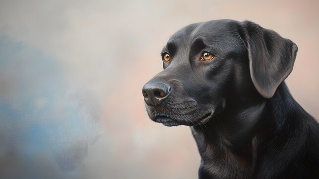 A close-up portrait of a Labradinger dog with soulful eyes, against a soft pastel backdrop, highlighting the dog's features