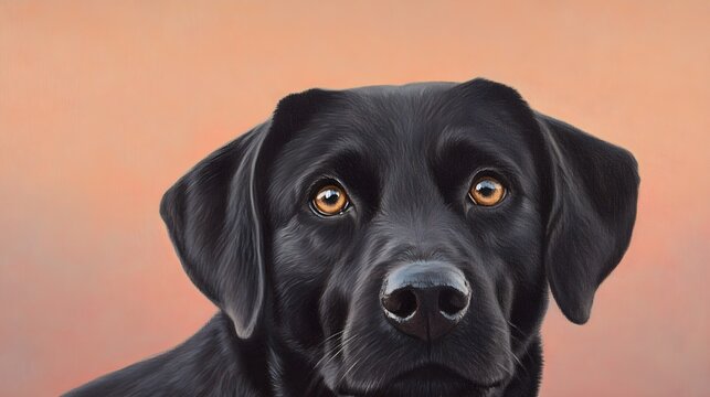 A close-up portrait of a Labradinger dog with soulful eyes, against a soft pastel backdrop, highlighting the dog's features