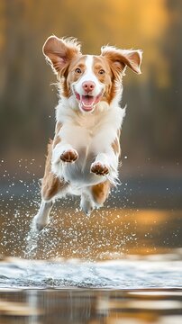 A playful Labradinger dog jumping in the air, with a blurredto emphasize its energy