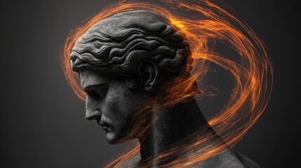A sculpture of a man with flowing hair surrounded by swirling orange energy on a dark background