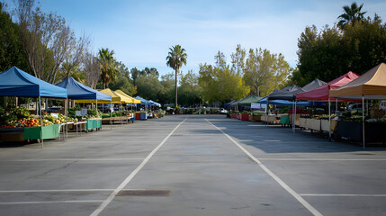 An empty American farmers market lot vendors tents folded and no customers in sight.