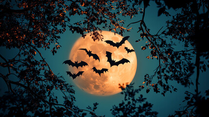 Silhouetted bats flying against a full moon framed by tree branches, creating an eerie, spooky nighttime scene perfect for Halloween.