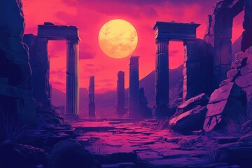 Fototapeta premium Ruins of an Ancient Civilization under a Crimson Sky