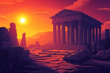 Fototapeta premium Ancient Temple Ruins at Sunset in a Desolate Landscape