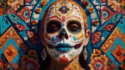 Fototapeta premium a Día de los Muertos celebration, with fragmented figures and geometric shapes, in a vibrant, kaleidoscopic style