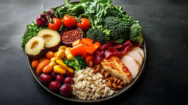 A balanced plate of food with lean proteins, whole grains, colorful vegetables, and healthy fats. AI generated