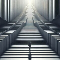 Fototapeta premium Man steps up the endless ladder into the light.