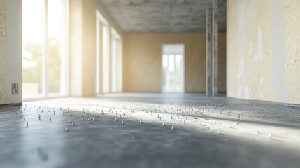 Modern Home Interior Under Construction with Plasterboard Walls and Silver Nails on Floor