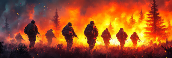 Soldiers advance through a fiery forest.