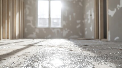 Fototapeta premium Modern Home Interior Under Construction with Plasterboard Walls and Silver Nails on Floor