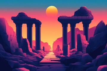 Fototapeta premium Ancient Ruins at Sunset with a Path Leading to a Distant Sun