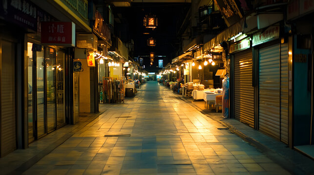 An empty Asian street market at dusk usually bustling now with only a few stalls open and dim lighting.