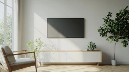 Modern Living Room Interior with White Cabinets and Television Wall