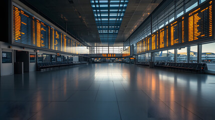Fototapeta premium An empty European airport terminal flight boards showing numerous cancellations with only a few travelers.