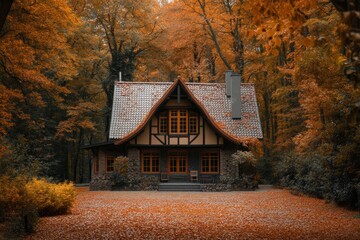 Charming cottage nestled among vibrant autumn foliage in a serene forest setting during late afternoon sunlight