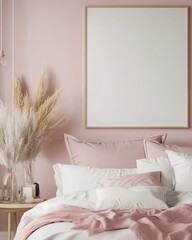 Scandinavian Bohemian Bedroom Interior with Pastel Pink Decor and Mockup Frame
