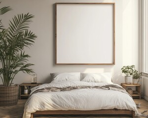 Elegant Bedroom Interior Mockup with Wooden Frame on White Wall
