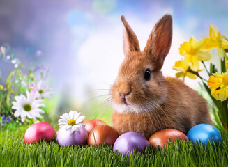 Easter bunny and easter eggs in garden. Room for text 