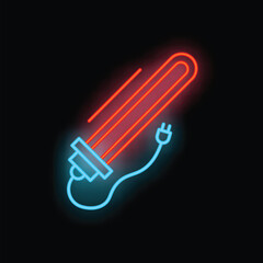 Neon sign representing an electric heater glowing on a wall at night