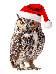 Fototapeta premium Christmas owl in santa hat isolated on white background.