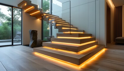 Sleek Modern Staircase with Glass and Wood Design, Illuminated by LED Lights, Showcasing Luxury Homes Warm Interiors and Natural Rock Elements