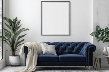 Modern Living Room Interior Design with Vertical Poster Mockup and Stylish Blue Velvet Armchair