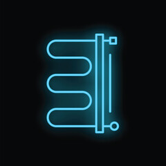 Blue neon sign of an electric towel dryer glowing on a black background