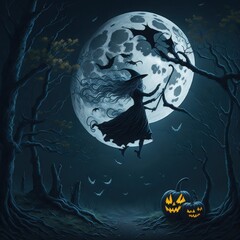 Halloween witch flying on broomstick in dim woodland with full moon