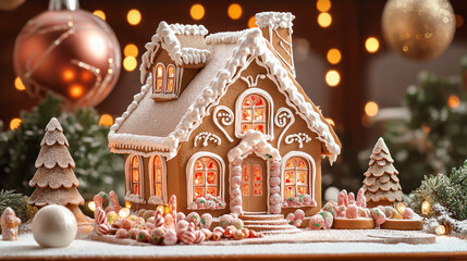 Obraz premium Beautifully decorated gingerbread house with glowing windows, surrounded by festive ornaments and holiday lights, creating a cozy Christmas scene