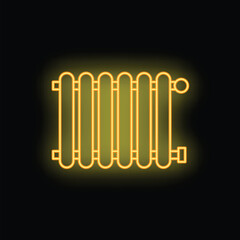 Bright yellow neon sign of a heating radiator glowing on a dark background