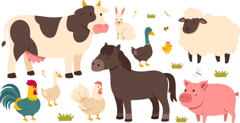 Farm animals set in flat style isolated on white background, Cute cartoon animals,  sheep, cow,  horse, pig, rabbit , duck, goose, chicken