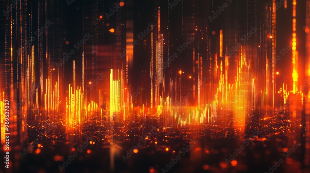 Poster abstract vibrant digital wave patterns illustrating sound frequencies and data visualization in a dy