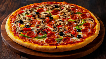 A pizza with a variety of toppings including pepperoni, mushrooms, olives.