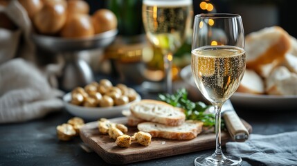 A chilled glass of Prosecco served with light appetizers like bruschetta, breadsticks, and small bites of cheese, perfect for a sophisticated yet casual aperitif moment before dinner. Bright positive 