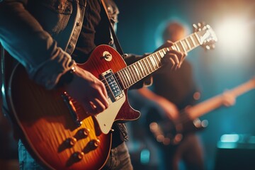 Obraz premium Musician performing on stage with electric guitar while bandmate plays bass in vibrant concert setting at night
