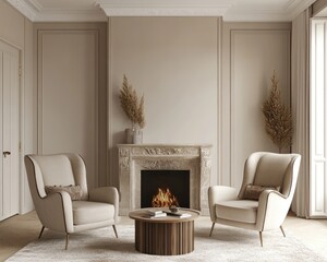 Modern Living Room Interior with Armchairs and Fireplace. 3D Render of Cozy Home Decor
