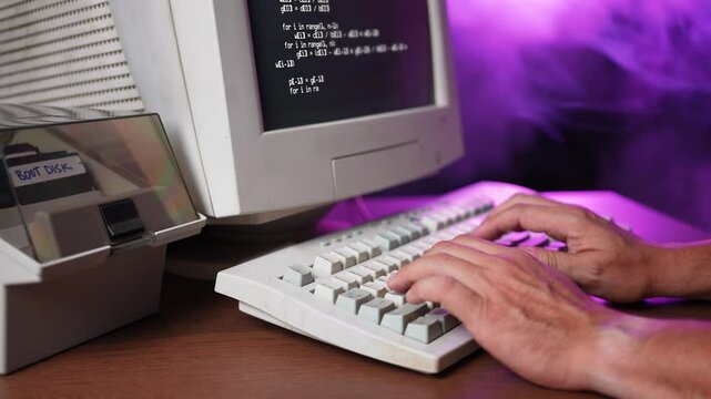 A close-up view of hands typing code on an old-fashioned computer keyboard. The scene is illuminated by a purple ambient light, creating a nostalgic and creative atmosphere. Code is fictional.  	