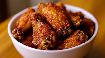 A white bowl filled with crispy, golden fried chicken wings, placed on top of a table.
