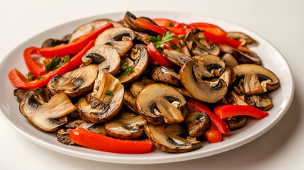 Fototapeta premium A white plate topped with an assortment of mushrooms and red peppers.