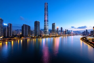 Obraz premium A skyline view of a modern city, with tall skyscrapers and glowing lights reflecting off the river below