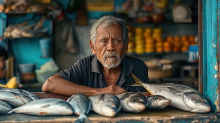 Fishmonger Proudly Displaying Fresh Fish
