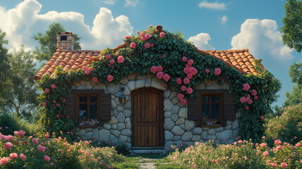 A cozy small house surrounded by a lush garden filled with blooming flowers. The house is made of rustic stone with a charming wooden door and windows, with vines of roses climbing up the walls