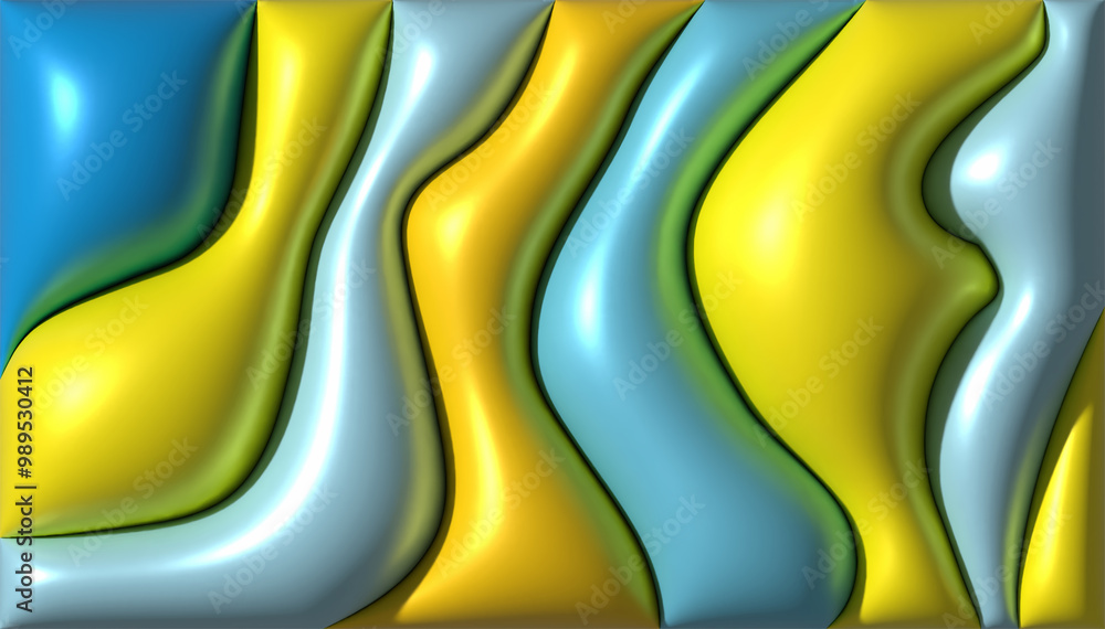 Poster yellow blue inflated figures with shiny and soft surface, 3d rendering illustration