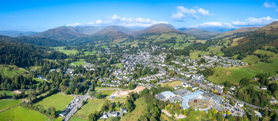 panorama aerial view of Ambleside, Windermere, Westmorland and Furness district of Cumbria, Lake Distract, UK
