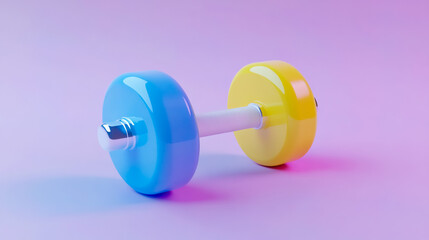 Obraz premium White dumbbell with colors of yellow, blue, and pink on color background.