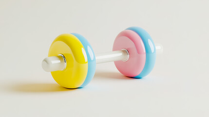 Obraz premium White dumbbell with colors of yellow, blue, and pink on color background.
