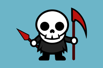 cute skellington bone mascot character cartoon vector illustration holding bloody pickaxe