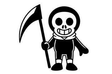 cute skellington bone mascot character cartoon vector illustration holding bloody pickaxe