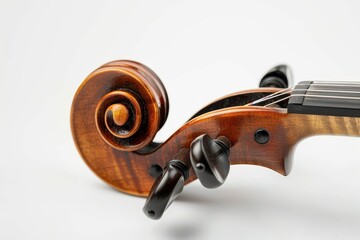 Close up of violin peg box with scroll pegs and nut on white background Space for text