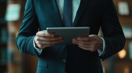 Businessman in a suit holding a tablet computer.